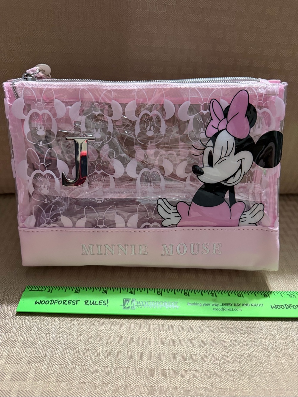 Disney Minnie Mouse Pink Clear Makeup Pouch. “J” monogram on front